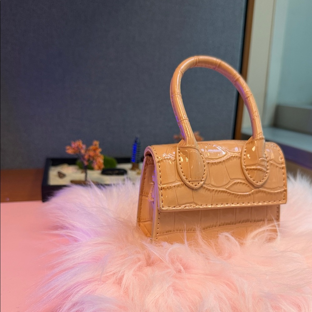 Chic Patent Croc-Embossed Mini Top-Handle Bag in Beige
